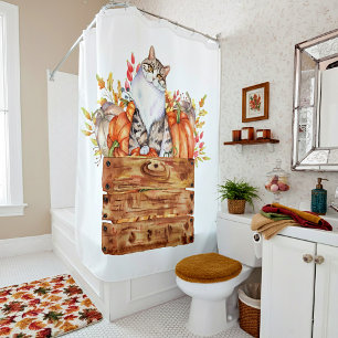 Rideaux De Douche Chat d'automne et citrouilles dans une boîte