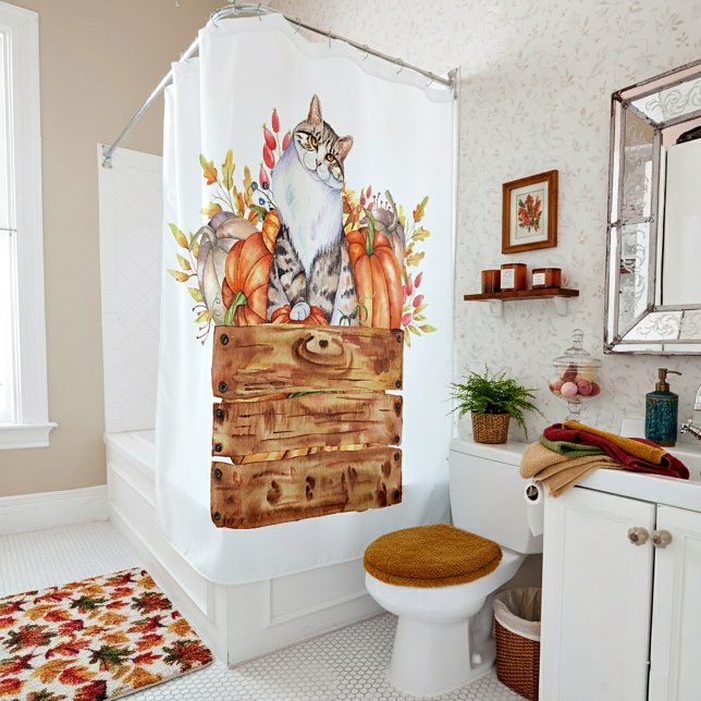 Rideaux De Douche Chat d'automne et citrouilles dans une boîte  (Créateur téléchargé)
