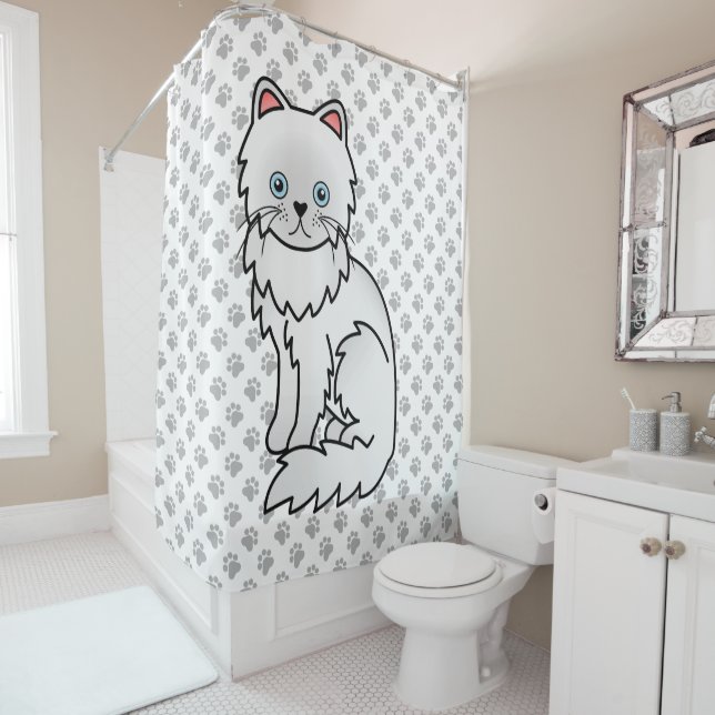 Rideaux De Douche Chat de dessin animé persan blanc mignon & pattes (En situation)