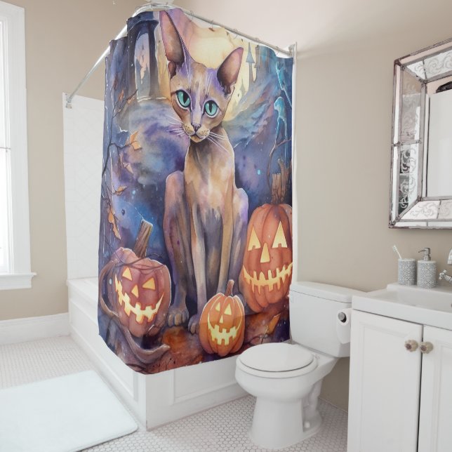 Rideaux De Douche Chat d'Halloween Abyssinian avec la peur Citrouill (En situation)