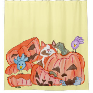 Rideaux De Douche Chat d'Halloween & citrouilles écrasées