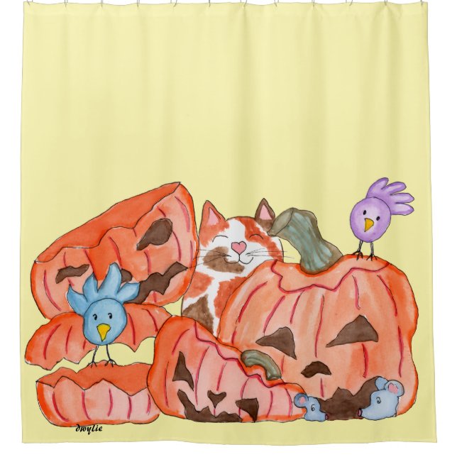 Rideaux De Douche Chat d'Halloween & citrouilles écrasées (Devant)