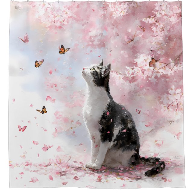 Rideaux De Douche Chat Fleur de Cerisier et Papillons (1) (Devant)