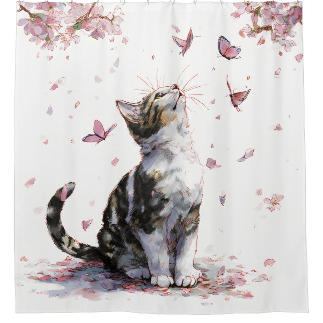 Rideaux De Douche Chat Fleur de Cerisier et Papillons (10) (Devant)