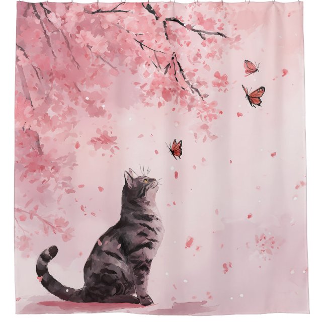 Rideaux De Douche Chat Fleur de Cerisier et Papillons (12) (Devant)