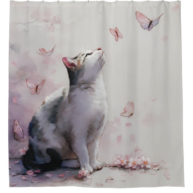 Rideaux De Douche Chat Fleur de Cerisier et Papillons (13) (Devant)