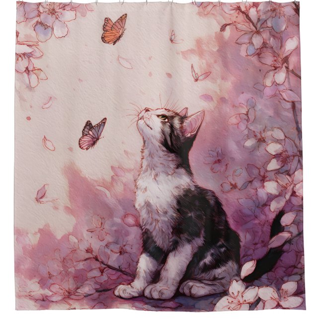 Rideaux De Douche Chat Fleur de Cerisier et Papillons (2) (Devant)