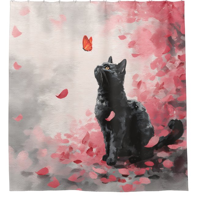 Rideaux De Douche Chat Fleur de Cerisier et Papillons (3) (Devant)