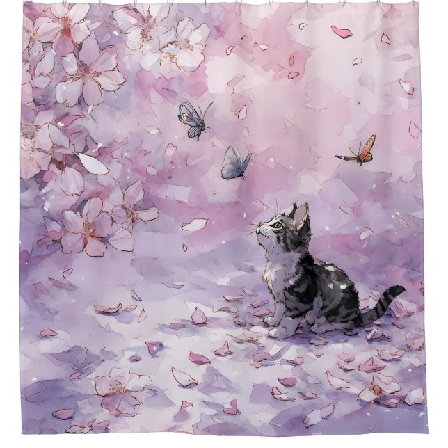 Rideaux De Douche Chat Fleur de Cerisier et Papillons (5) (Devant)