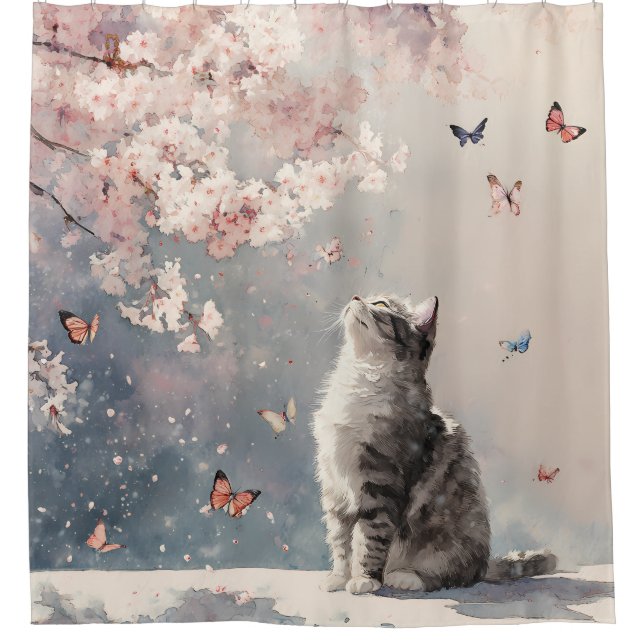 Rideaux De Douche Chat Fleur de Cerisier et Papillons (6) (Devant)