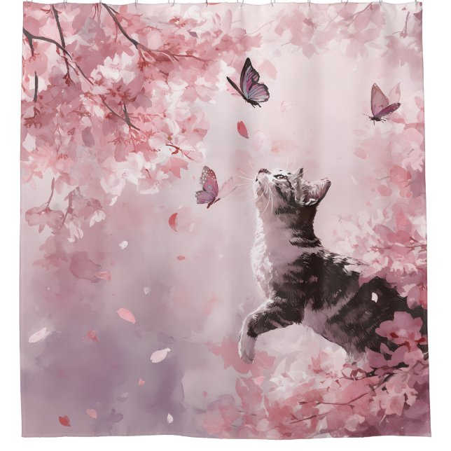 Rideaux De Douche Chat Fleur de Cerisier et Papillons (7) (Devant)