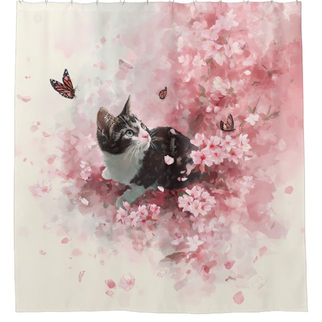 Rideaux De Douche Chat Fleur de Cerisier et Papillons (8) (Devant)