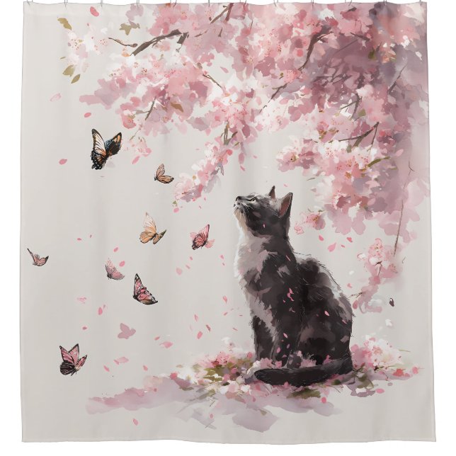 Rideaux De Douche Chat Fleur de Cerisier et Papillons (9) (Devant)