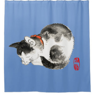 Rideaux De Douche Chat japonais couché noir et blanc
