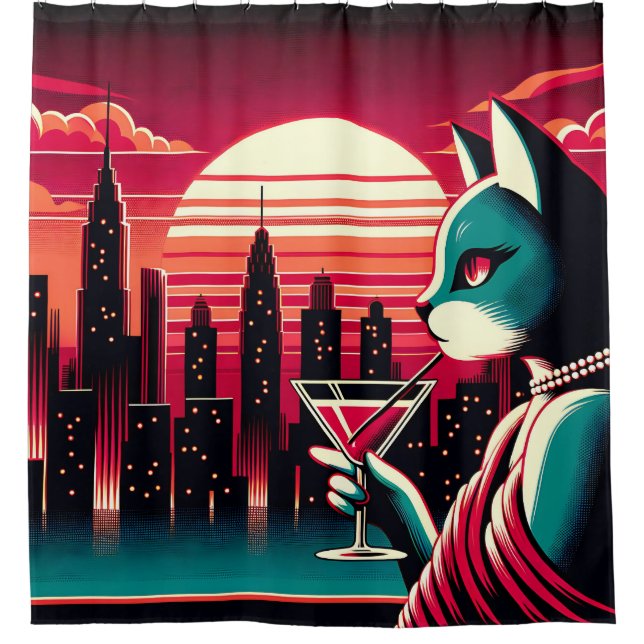 Rideaux De Douche "Chat moderne du milieu du siècle avec coucher de  (Devant)