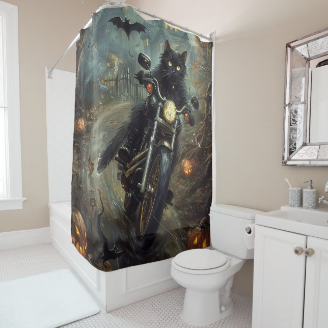 Rideaux De Douche Chat Noir à Moto Halloween Épouvantable (En situation)