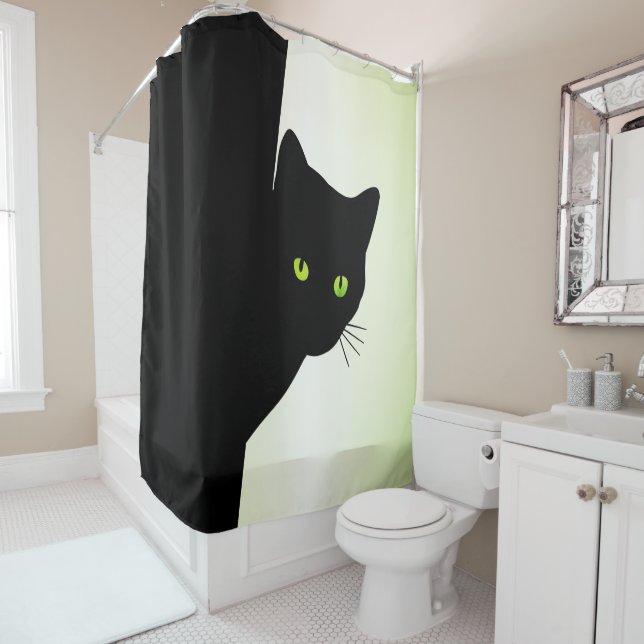Rideaux De Douche Chat noir à oreille verte (En situation)