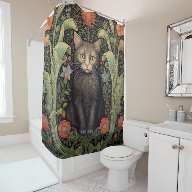 Rideaux De Douche Chat noir Art nouveau et fleurs rouges (En situation)