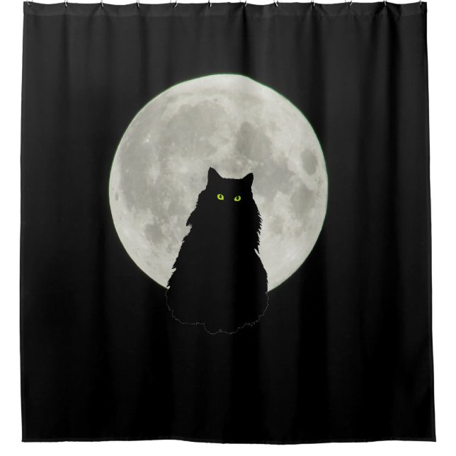 Rideaux De Douche Chat noir assis et Pleine lune (Devant)