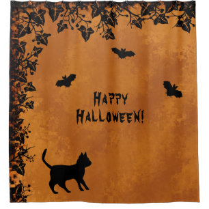 Rideaux De Douche Chat noir avec chauve-souris, Happy Halloween