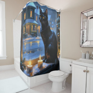 Rideaux De Douche Chat Noir Avec Décoration de Noël