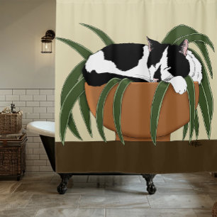 Rideaux De Douche Chat noir blanc Plante drôle