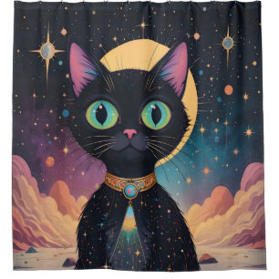 Rideaux De Douche Chat noir cosmique futuriste atomique au clair de