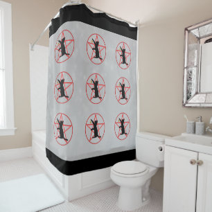 Rideaux De Douche Chat noir de sorcière d'Halloween sur Pentagam rou