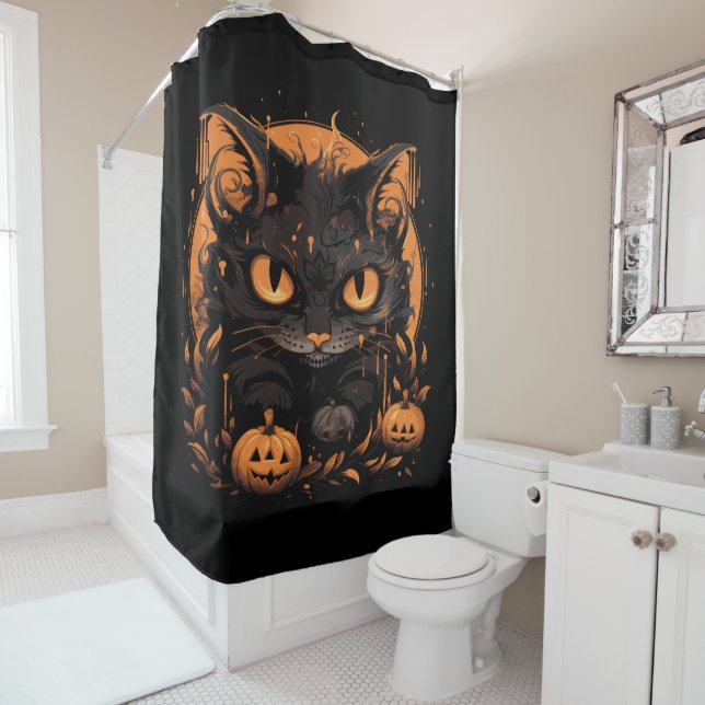 Rideaux De Douche Chat noir d'Halloween avec Citrouilles et lune (En situation)