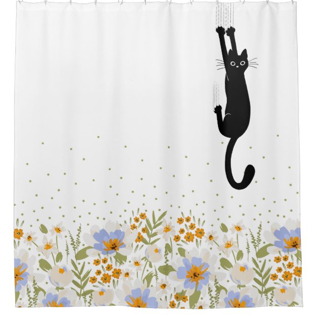 Rideaux De Douche Chat Noir Drôle Suspendu Sur Floral (Devant)