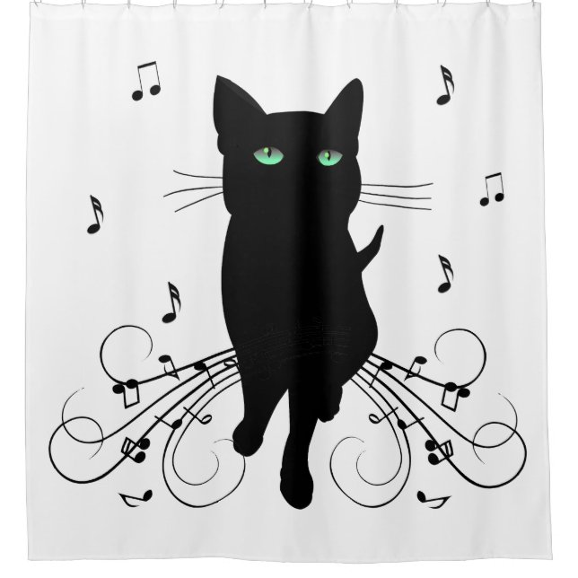 Rideaux De Douche Chat noir entouré de notes de musique murmurantes (Devant)