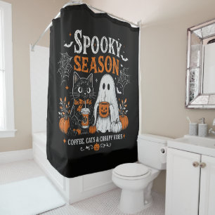 Rideaux De Douche Chat noir et fantôme amateur de café Halloween drô