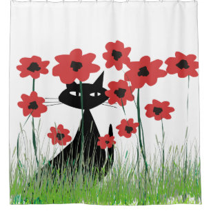 Rideaux De Douche Chat noir et pavots rouges