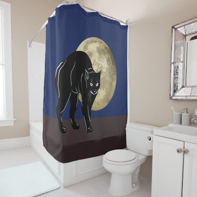 Rideaux De Douche Chat Noir Halloween Prowling Sur Une Nuit De Plein (En situation)