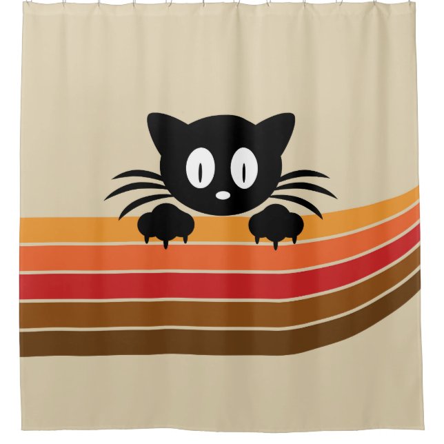 Rideaux De Douche Chat noir mignon avec rayures rétro (Devant)