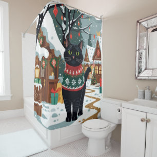 Rideaux De Douche Chat Noir Noël Neige Fêtes
