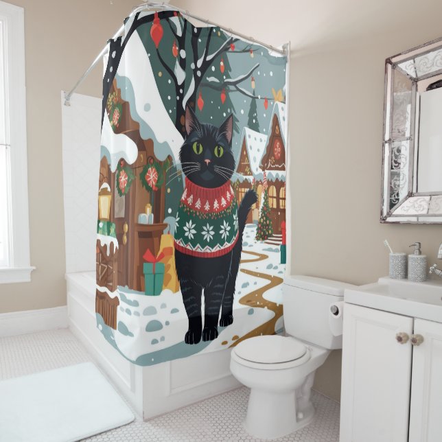 Rideaux De Douche Chat Noir Noël Neige Fêtes (En situation)