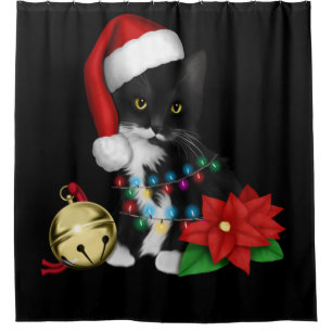 Rideaux De Douche Chat Noir Père Noël Tangée Dans Les Lumières D