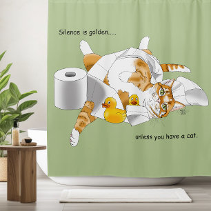 Rideaux De Douche Chat orange roux drôle Papier toilette vert 