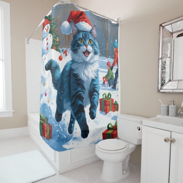 Rideaux De Douche Chat Oriental Bleu Assis dans un Chapeau de Noël e (En situation)