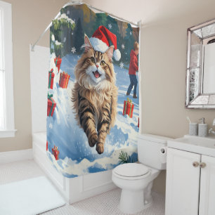 Rideaux De Douche Chat Persan Assis dans la Neige avec un Chapeau de