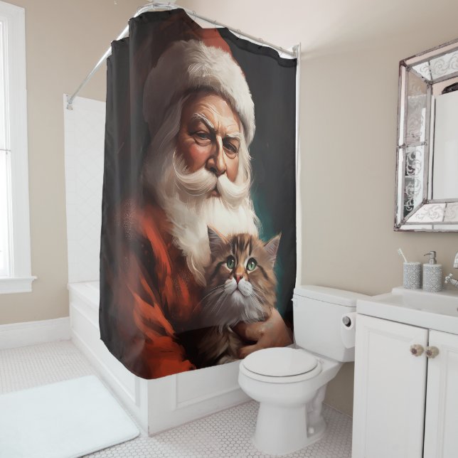 Rideaux De Douche Chat Perse avec Noël Festif du Père Noël (En situation)