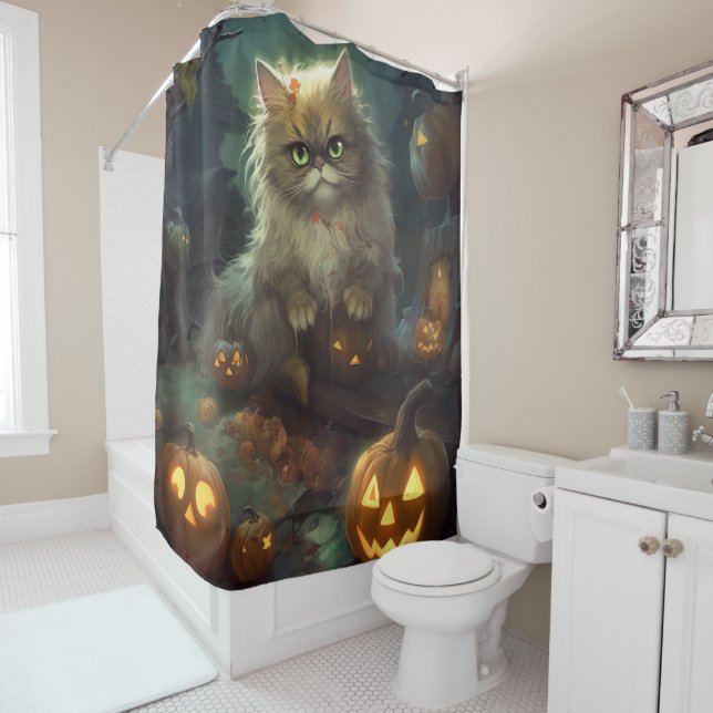 Rideaux De Douche Chat perse d'Halloween avec effroi Citrouille (En situation)