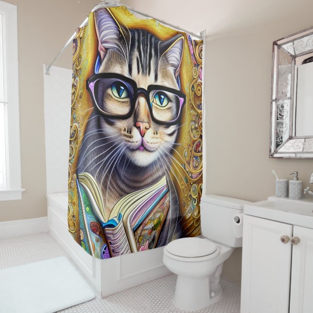 Rideaux De Douche Chat portant des lunettes tenant un livre d'art (En situation)