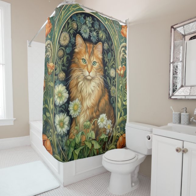 Rideaux De Douche Chat rouge dans le jardin Art nouveau (En situation)