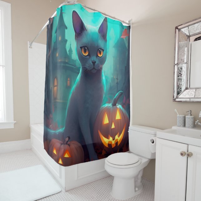 Rideaux De Douche Chat Russe Bleu d'Halloween Avec Citrouilles Effra (En situation)