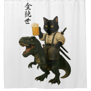 Rideaux De Douche Chat Samouraï avec Bière & T-Rex Art Japonais Ré