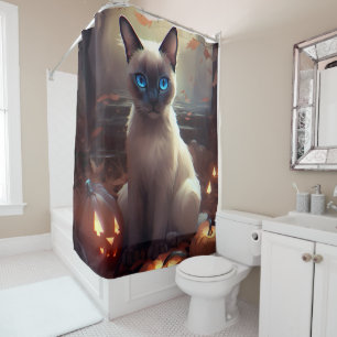 Rideaux De Douche Chat siamois d'Halloween avec citrouilles effrayan