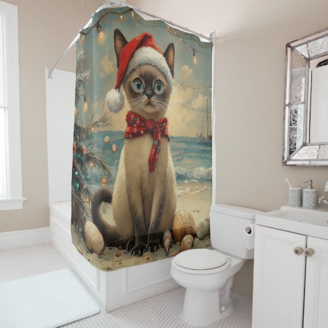 Rideaux De Douche Chat siamois Noël Plage Vintage  (En situation)