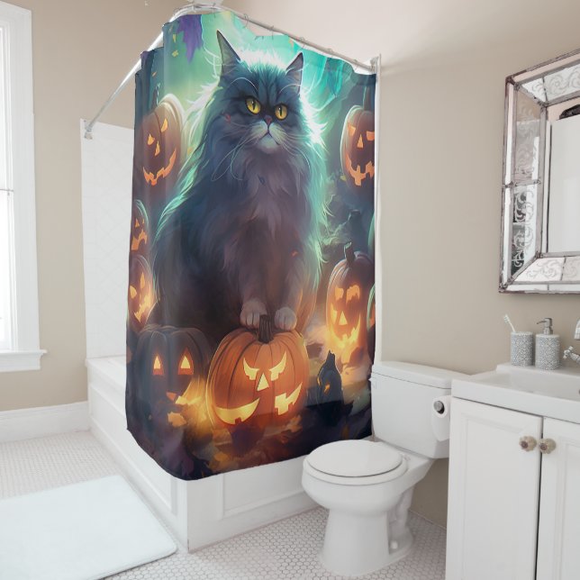 Rideaux De Douche Chat Sibérien Halloween Avec Citrouilles Effrayant (En situation)